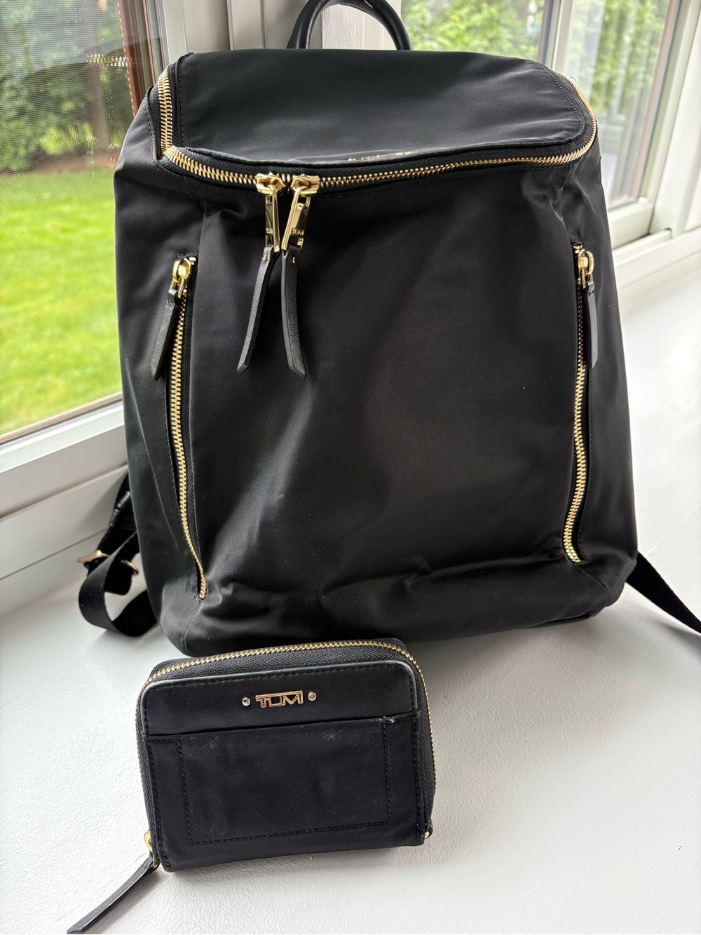 Tumi Black Nylon Backpack with Gold-Tone Hardware and Matching Wallet